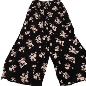 Floral Wide Leg Palazzo Pants‎ Black Beige Drawstring Waist Comfy